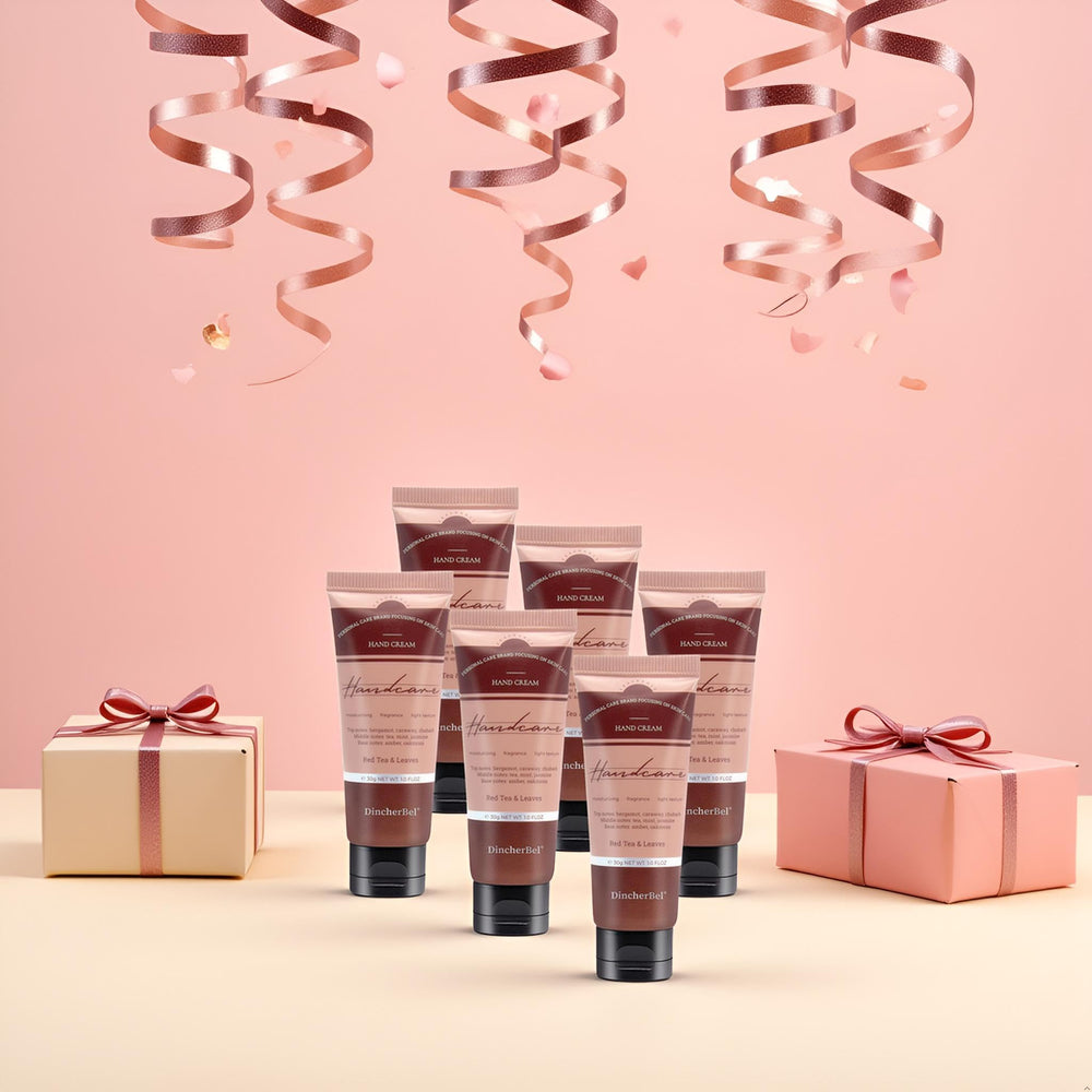 DincherBel six-pack travel size hand cream set emphasizes convenient, travel-ready care.