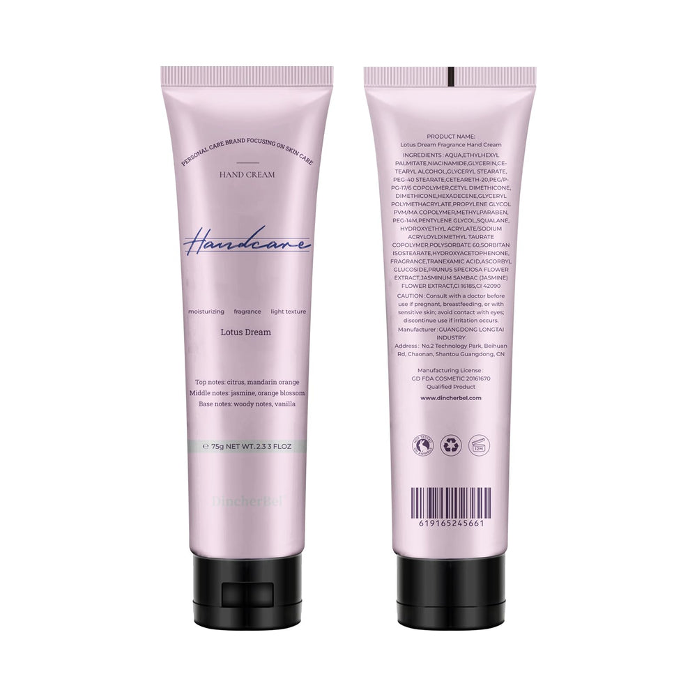 DincherBel Lotus Dream hand cream tube close-up shows creamy texture