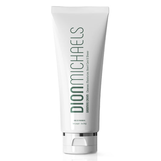 Dion Michaels 4-in-1 grooming cream bottle for streamlined facial care and beard conditioning