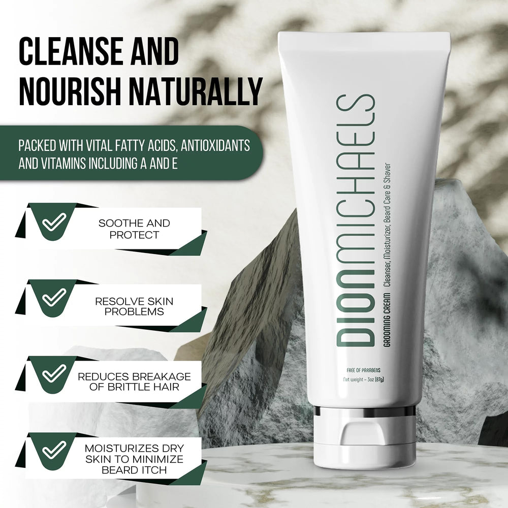 Dion Michaels 4-in-1 grooming cream texture close-up highlighting moisturizing formula