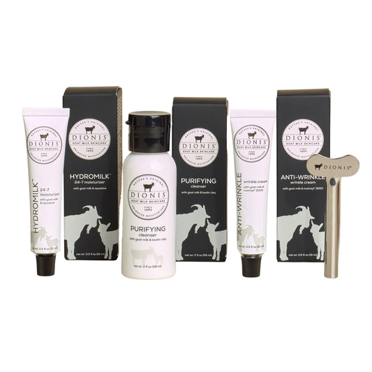 Dionis Core Collection box front shows travel-sized skincare bottles for on-the-go routine.