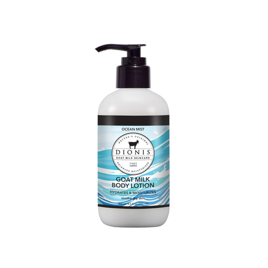 Dionis Goat Milk Body Lotion Ocean Mist bottle shows hydrating moisture.
