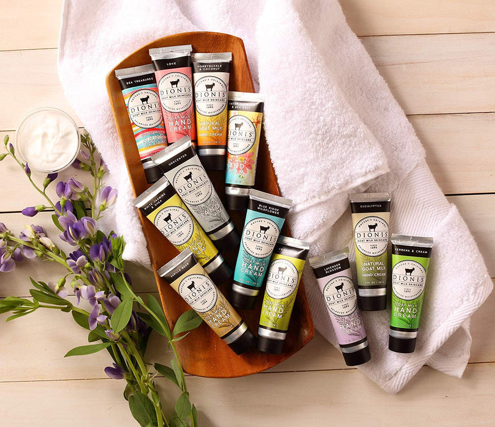Dionis goat milk hand cream pump-dispense shows easy application and non-greasy absorption