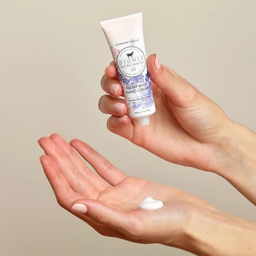Dionis Goat Milk Hand Cream tube closeup highlights creamy texture and quick absorption.