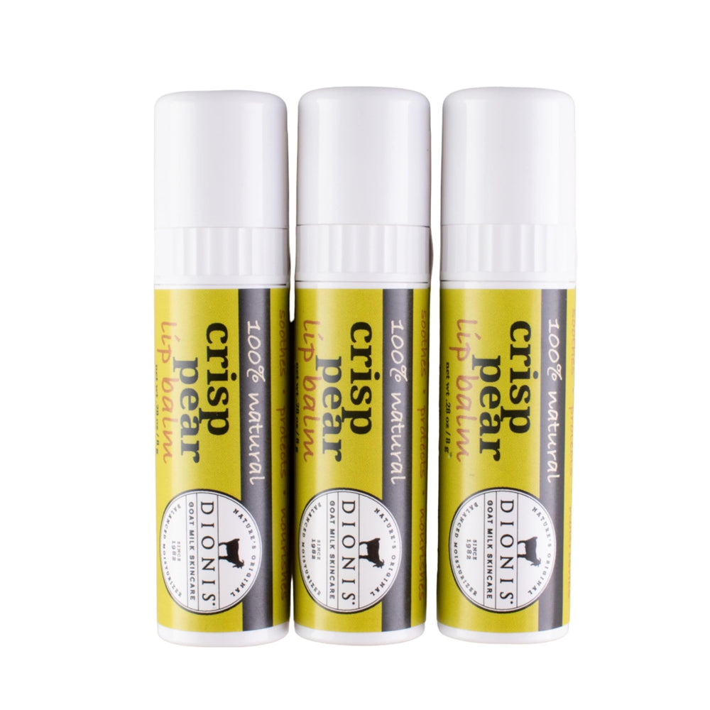 Dionis Goat Milk Lip Balm Crisp Pear 3-pack front for everyday moisture and pear flavor
