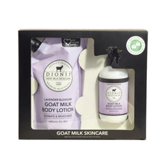 Dionis Goat Milk Lotion bottle with Lavender Blossom for hydrated, silky skin.