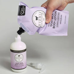Refill pouch for Dionis goat milk lotion with Lavender Blossom scent for eco-friendly refill.