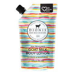 Dionis Sea Treasures refill pouch beside lotion bottle for daily hydration.