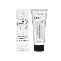 Dionis Youth Boosting Goat Milk Hand Cream bottle front with fragrance-free formula for sensitive skin.