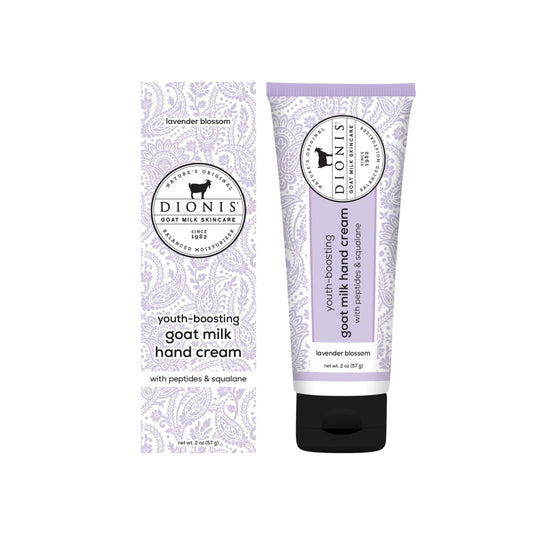 Dionis Youth Boosting Goat Milk Hand Cream bottle with lavender blossom scent for daily hydration.
