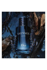Dior Sauvage bottle closeup, alcohol-free formula for gentle daily wear.