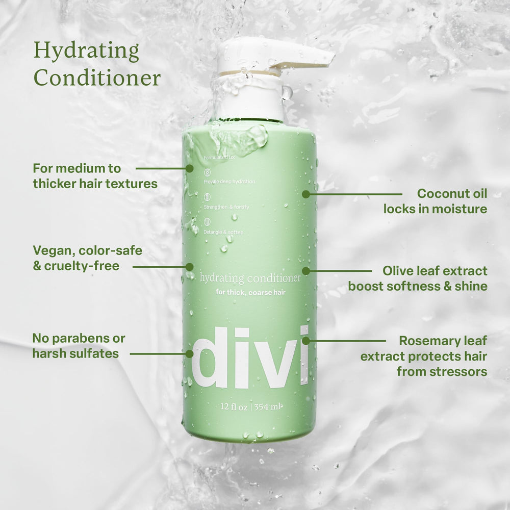 Divi Hydrating Conditioner application, detangling and nourishing thicker strands.