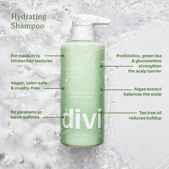 Divi Hydrating Shampoo application on hair, cleansing while adding moisture.