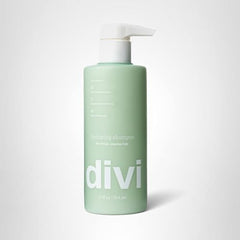 Divi Hydrating Shampoo bottle and content showing voluminous, soft shine.
