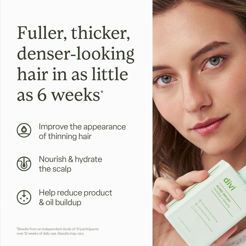 Divi Scalp Serum closeup ingredients highlight amino acids, caffeine and rosemary oil