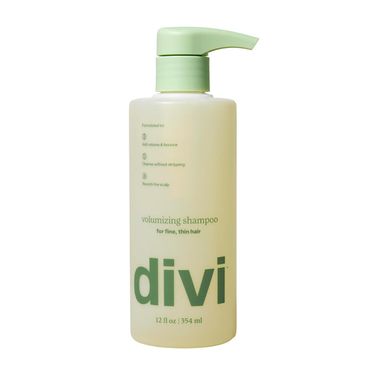 Divi Volumizing Shampoo bottle pour shows a lightweight cleanse boosting volume.