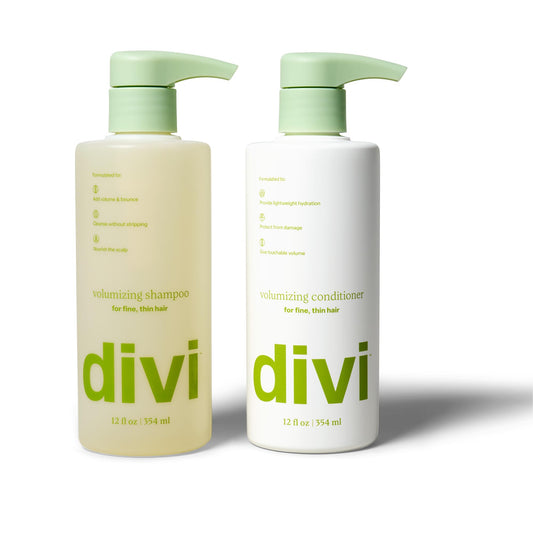 Divi volumizing shampoo bottle highlighting lightweight lift for fine hair.