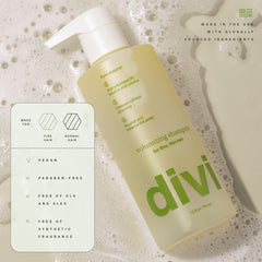 Divi Volumizing Shampoo ingredients map emphasizes green tea and biotin for healthy-feeling hair.