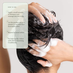 Divi Volumizing Shampoo scalp balance closeup suggests buildup removal benefits.