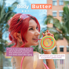 D'Luchi Body Butter shows golden glitter detailing a subtle glow on tan skin.