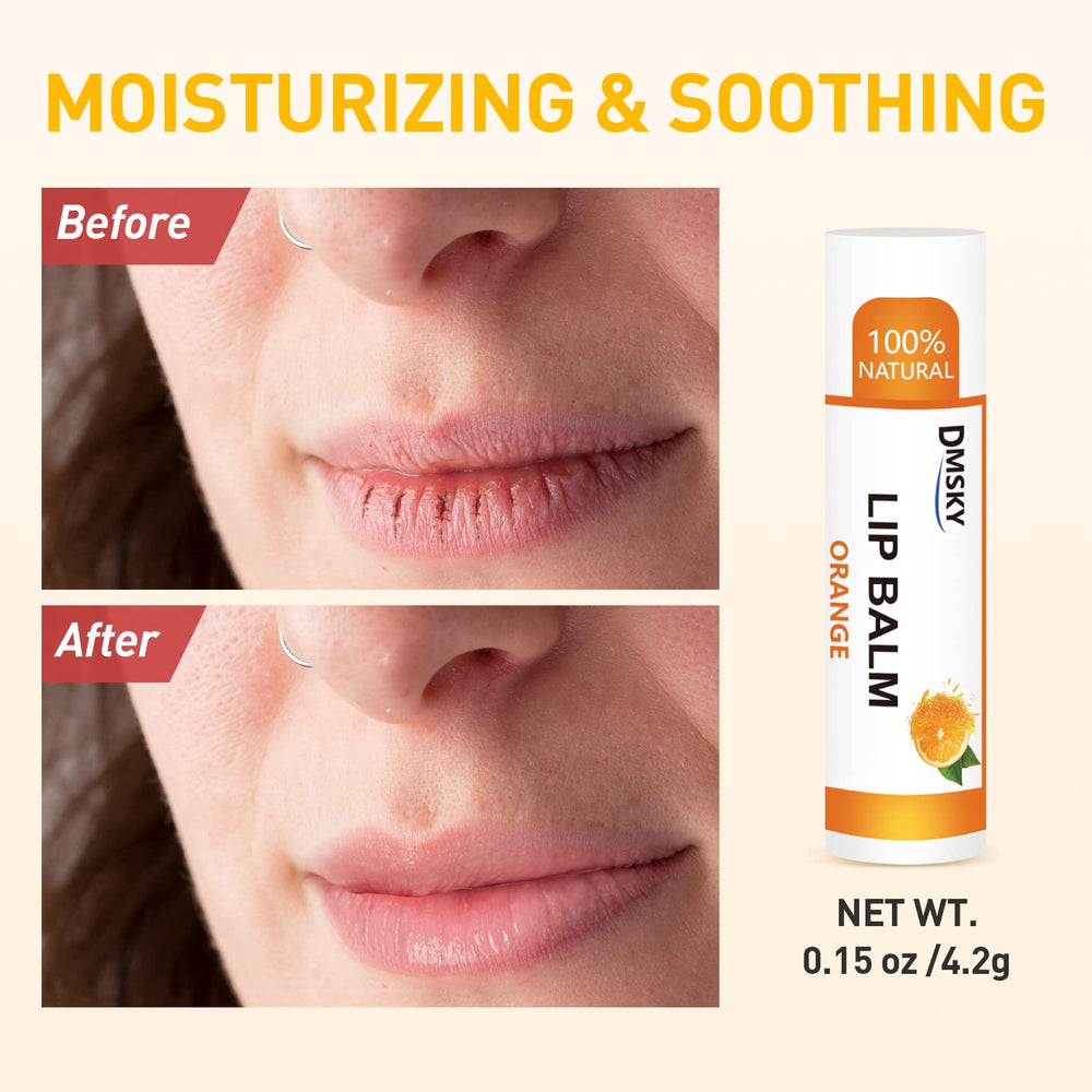 DMSKY lip balm on lips delivering soft moisture.