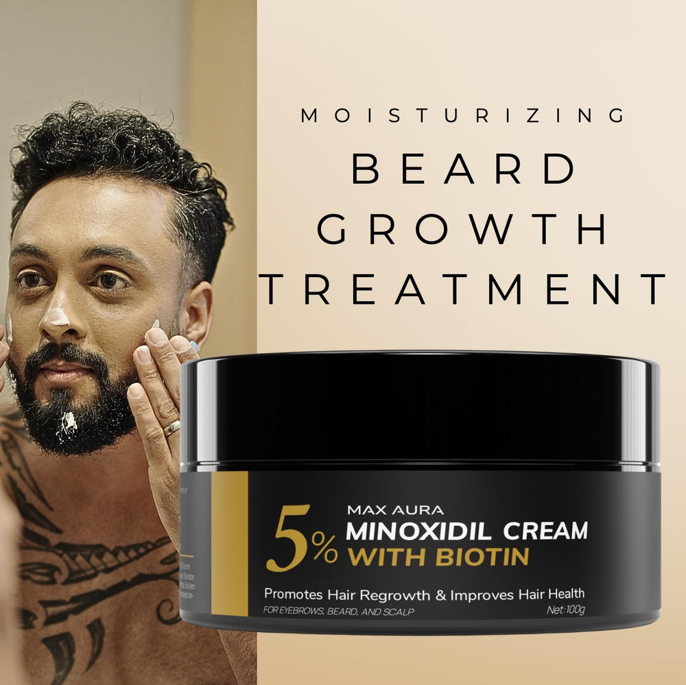 Product packaging with clear label highlighting biotin and minoxidil benefits