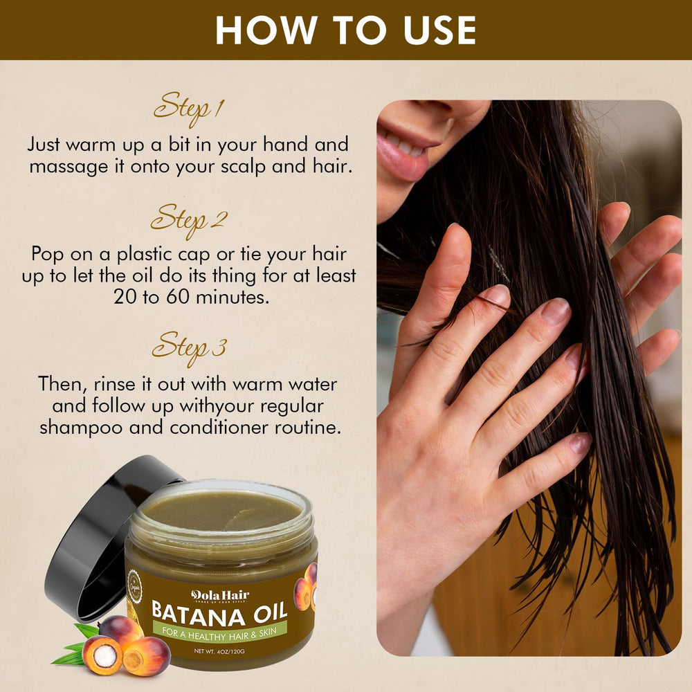 Dolahair Batana Oil on hair ends for smoother, softer strands