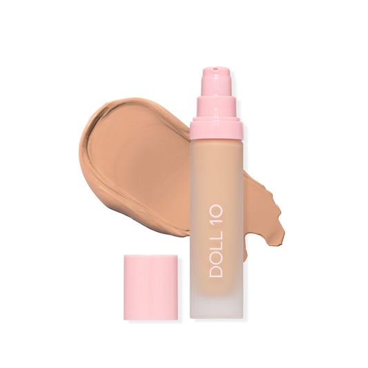 DOLL 10 NO T.C.E. serum bottle for hydrating, even-toned skin finish.