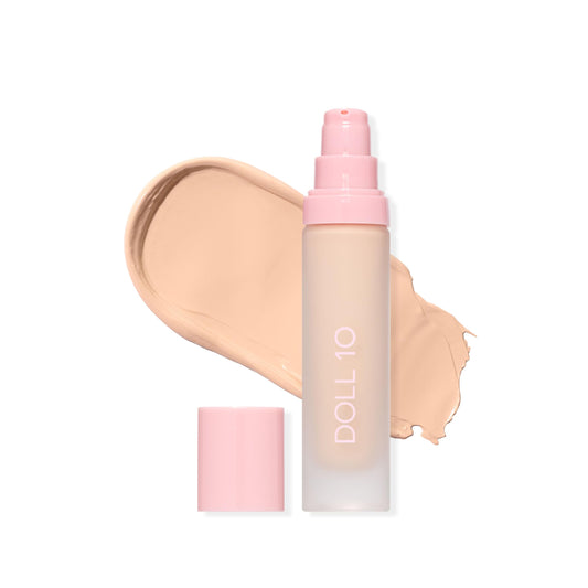 DOLL 10 NO T.C.E. bottle close-up shows weightless, skin-like coverage