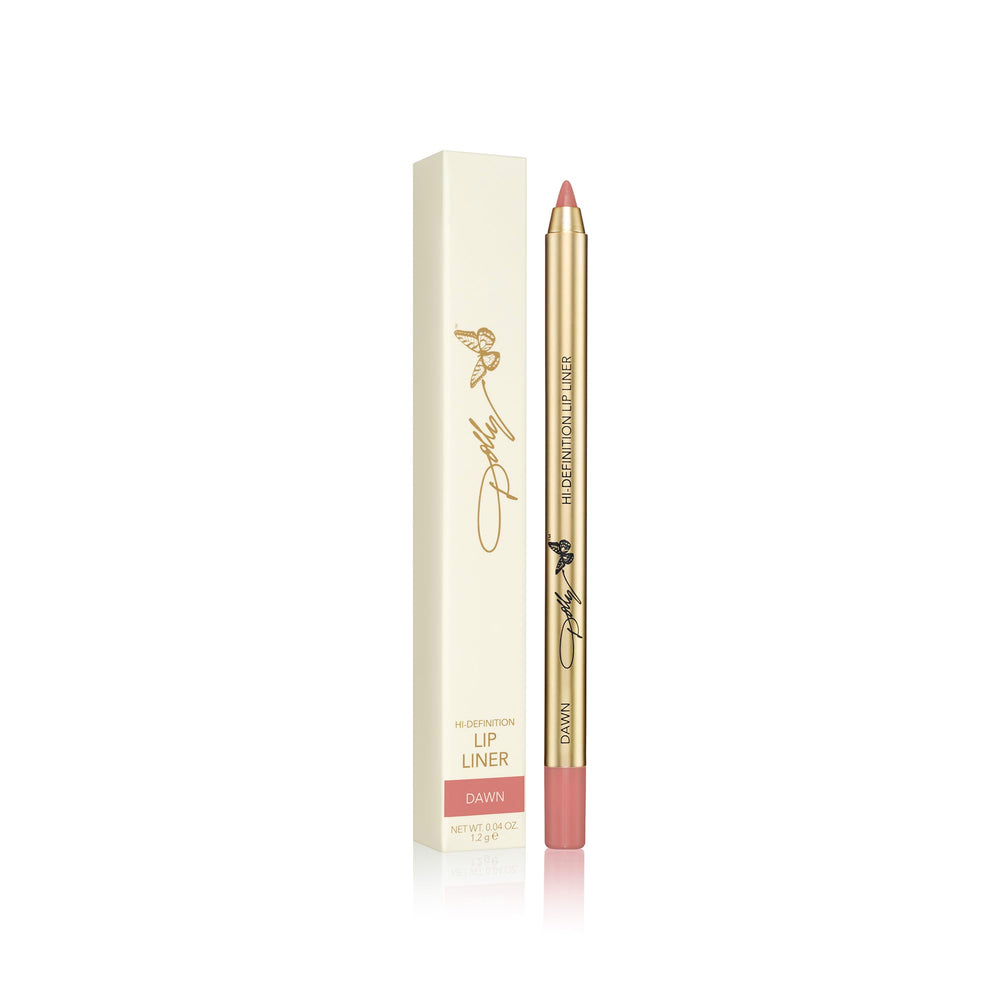 Dolly Beauty Dawn pencil shown beside a standard sharpener, highlighting easy maintenance.