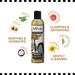 Dollylocks Clarifying Liquid Shampoo bottle pour demonstrating quick cleansing routine.
