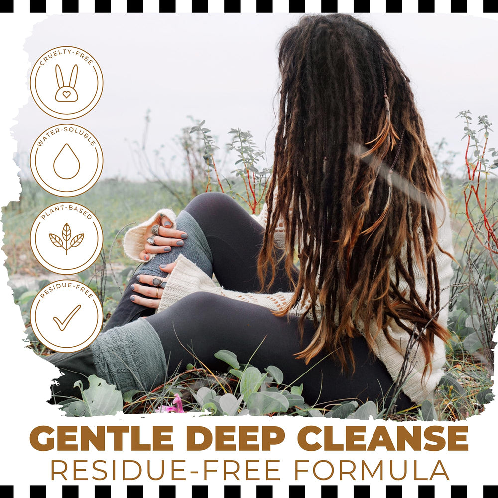 Dollylocks Clarifying Liquid Shampoo label closeup highlights vegan, cruelty-free formula.