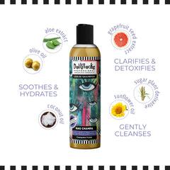 Hair with foaming lather from Dollylocks Shampoo showing thorough yet gentle wash.