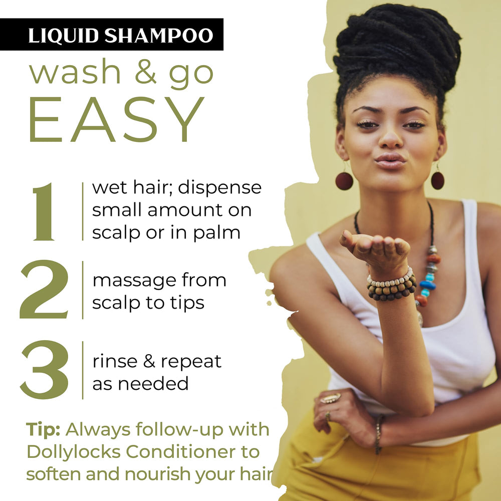 Dollylocks liquid shampoo bottle highlights jojoba and coconut oils for hydration and shine