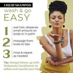 Dollylocks liquid shampoo bottle highlights jojoba and coconut oils for hydration and shine