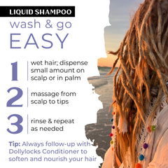 Scalp sensation with Dollylocks Shampoo emphasizing balanced pH and comfort.