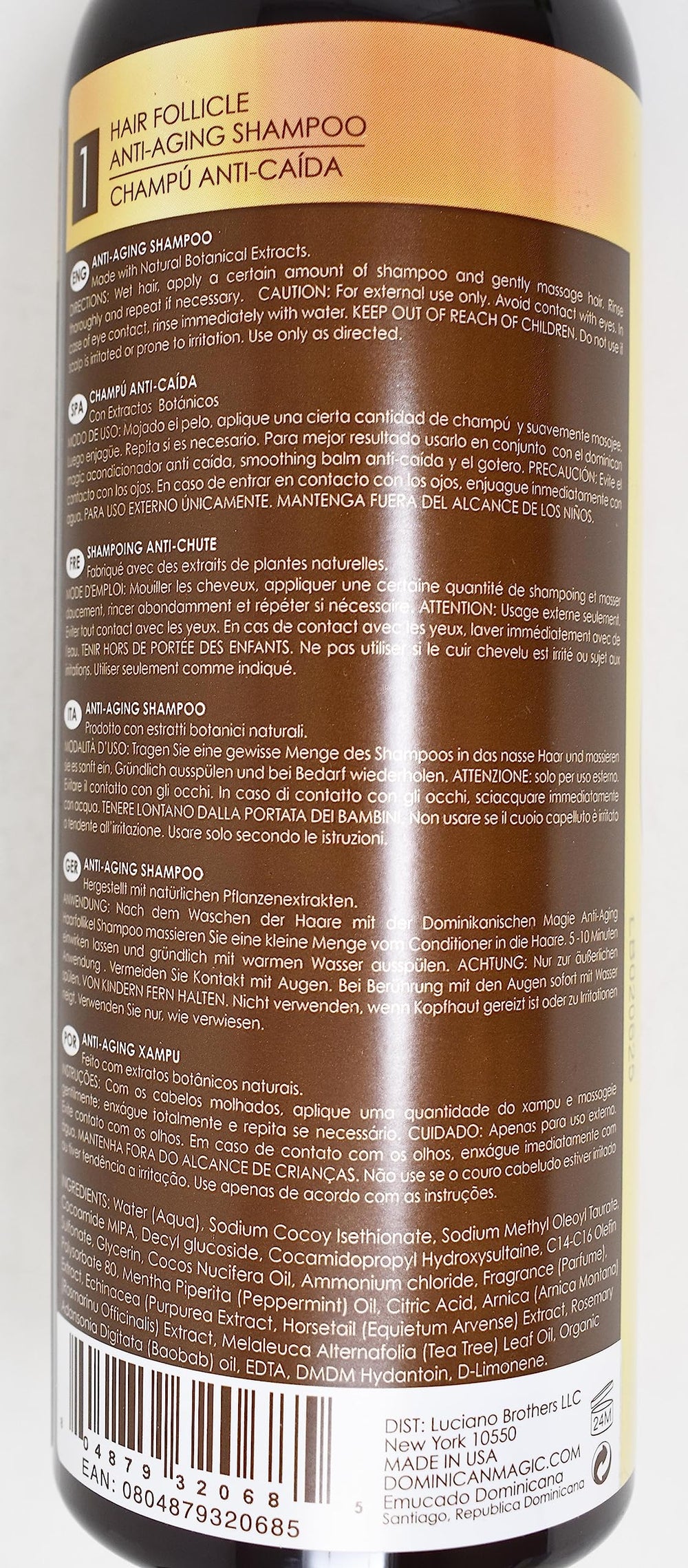Dominican Magic shampoo bottle on display emphasizing cleansing and growth-friendly formula