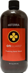 doTERRA On Guard foaming hand wash bottle demonstrates gentle cleansing and refreshing spice-citrus aroma.