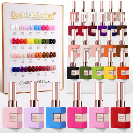 Double Rhythm 28Pcs gel nail polish set shows vibrant colors for at-home manicures.