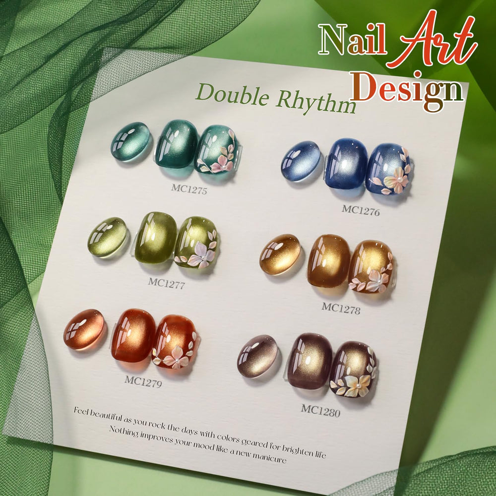 Double Rhythm gel nails with holo finish for salon-like results.