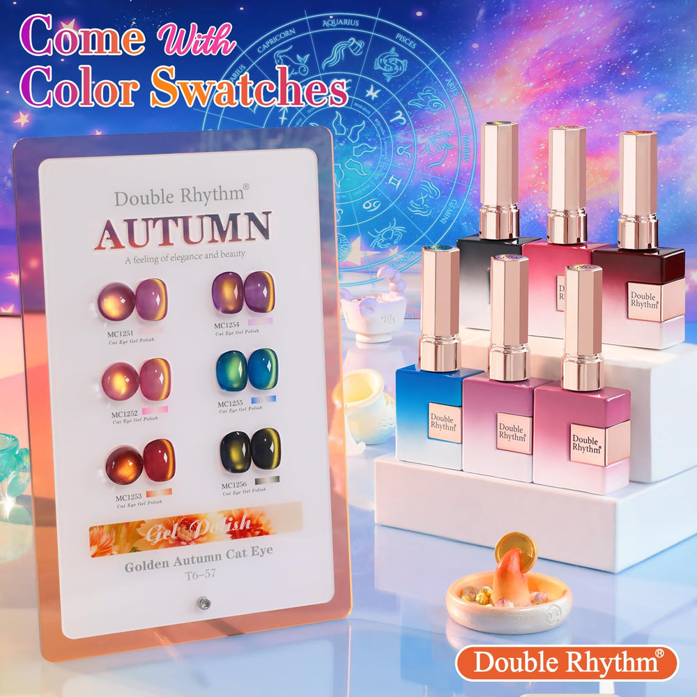 Double Rhythm cat-eye gel polish close-up shows holographic shimmer and magnetic effect.