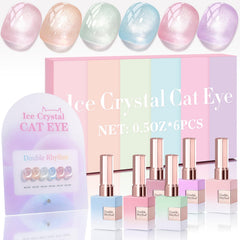Double Rhythm cat-eye gel nail polish set with six identical bottles for cohesive at-home manicures.