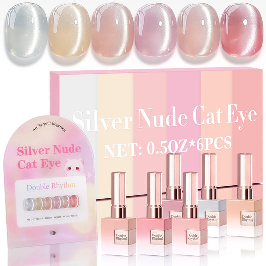 Double Rhythm cat-eye gel polish set shows six same-color bottles for cohesive nails.
