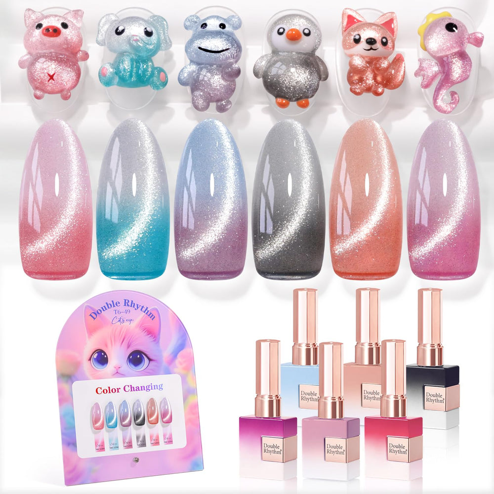 Double Rhythm cat-eye gel polish set with six identical bottles for uniform nails