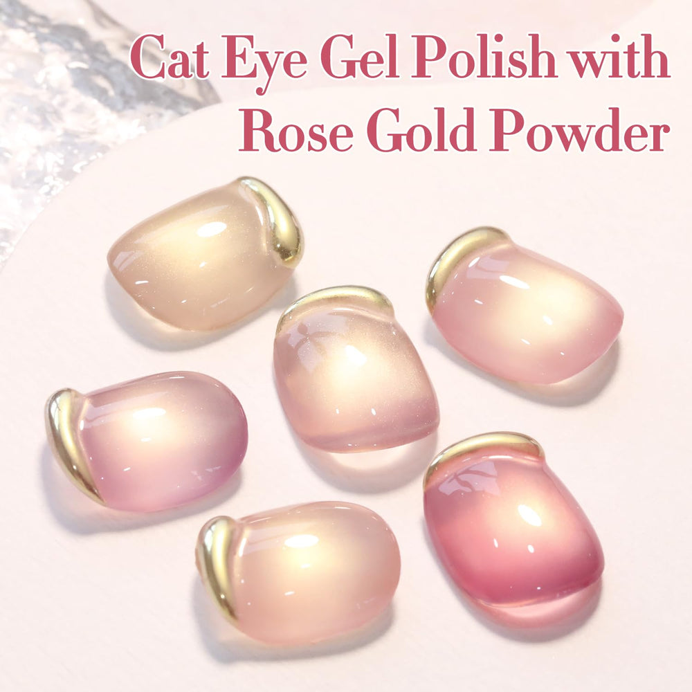 Double Rhythm Cat Eye Rose T6-32 base and top coats included for polish care.