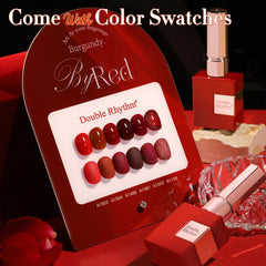 Double Rhythm dark cherry red gel polish bottle with shimmering finish.