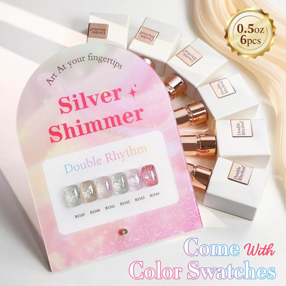 Double Rhythm light pink glitter gel bottle close-up highlighting shimmer finish