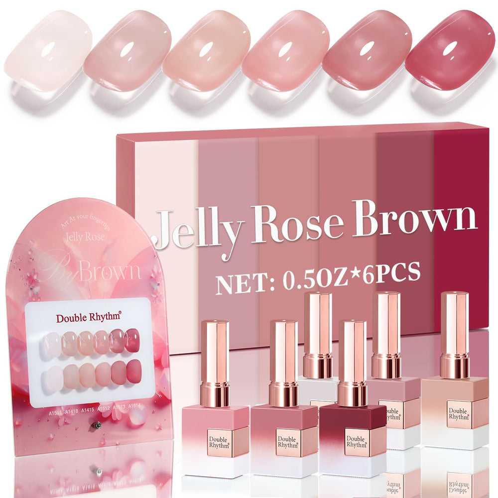 Double Rhythm jelly translucent rose pink gel polish bottle with swatch for at-home manicure shine.