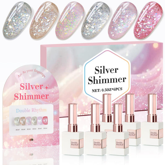Double Rhythm glitter gel polish kit on display board with six color swatches for easy selection