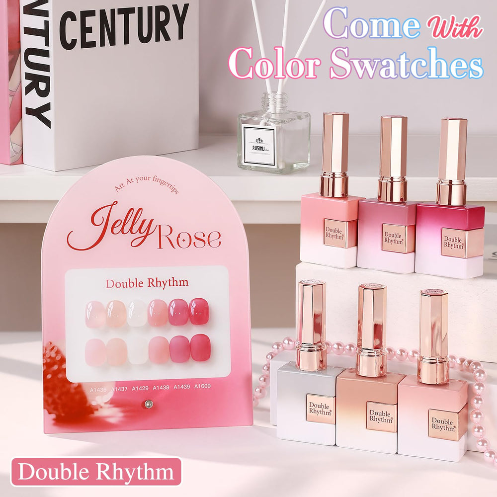 Double Rhythm jelly pink gel polish bottle adds a glossy, vibrant color.